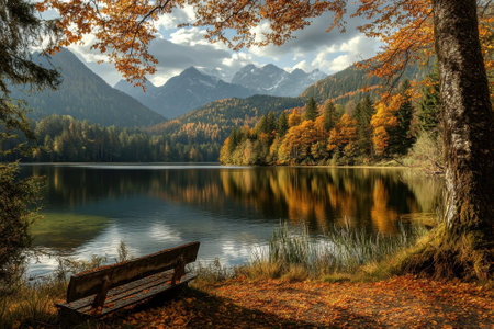 Colorful leaves reflect on a calm lake, while distant mountains create a picturesque autumn atmosphere.の写真素材