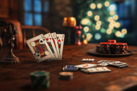 A group gathers around a wooden table playing cards and enjoying a cozy evening atmosphere.の写真素材