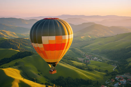 A colorful hot air balloon drifts gracefully over lush hills as the sun sets, creating a peaceful atmosphere.の写真素材