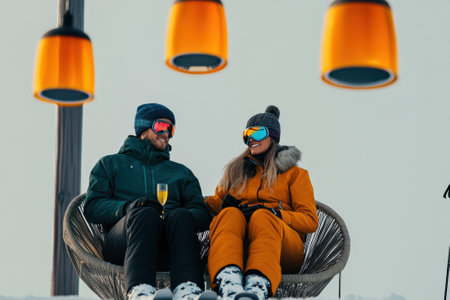 Two people sit together on a stylish chair, sipping drinks in a snowy landscape with warm lighting above.の写真素材