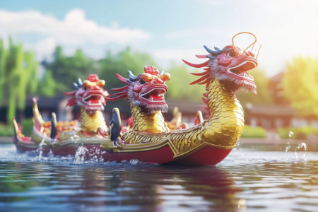 Dragon boats with vibrant designs glide through calm waters, showing a lively race under a bright sky.の写真素材