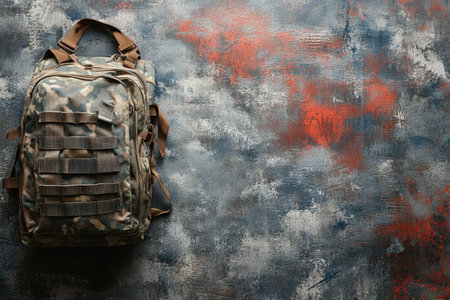 A camouflage backpack rests against a vibrant, textured wall featuring abstract red and gray patterns.の写真素材