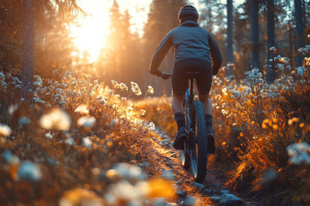 A cyclist rides along a picturesque trail, illuminated by sunset, with vibrant wildflowers nearby.の写真素材