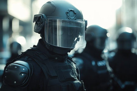 Law enforcement officials in protective gear stand ready for action in a city during a tense situation.の写真素材