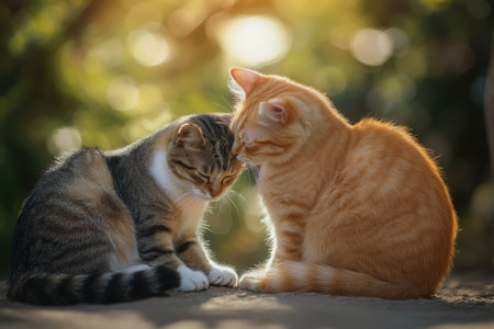 Two cats, one orange and one tabby, share a tender moment in a sunlit garden full of greenery.の写真素材