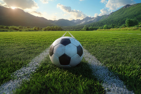A soccer ball sits on a lush green field lined with white markings, surrounded by mountains and sunlight.の写真素材