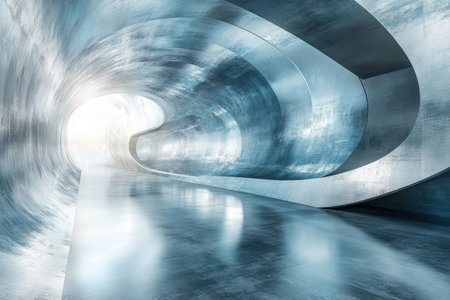 A sleek, curved tunnel features metallic walls and a bright light at the entrance, creating an intriguing atmosphere.の写真素材