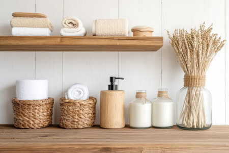 A well-arranged bathroom shelf featuring natural decor, soft towels, and essential toiletries for a calming ambiance.の写真素材