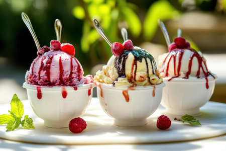Three bowls of ice cream sit on a table in a garden, topped with syrup and fresh raspberries.の写真素材