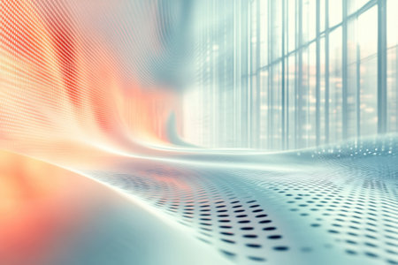 Soft waves of color and light reflect off the walls in a modern architectural setting.の写真素材