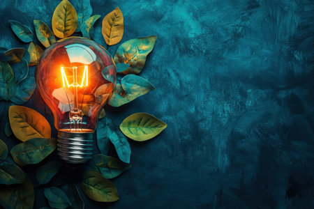 A vintage-style light bulb glows warmly while nestled among colorful green leaves against a blue backdrop.の写真素材