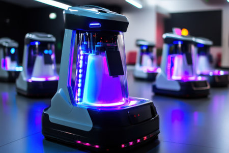 Autonomous cleaning robots with vibrant lights are actively working in a contemporary indoor environment.の写真素材