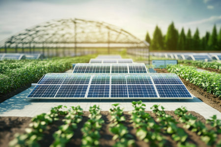 Rows of solar panels provide energy to support plant growth in a green farming environment.の写真素材