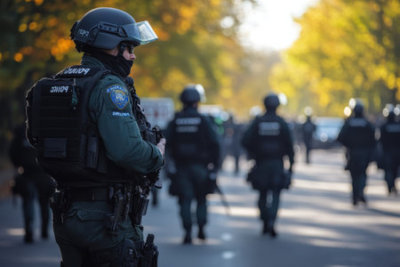 Members of the police department actively patrol a vibrant street lined with autumn trees.の写真素材