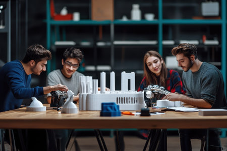 Group of four students focused on creating an architectural model in a well-lit design studio space.の写真素材