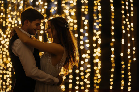 A couple enjoys a romantic moment while dancing under bright lights, creating a magical atmosphere.の写真素材