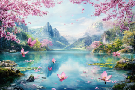 A serene lake reflects cherry blossoms and majestic mountains under a bright sky on a peaceful day.の写真素材