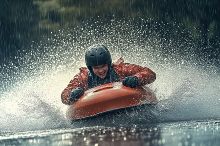 A person in a red jacket enjoys riding a water sled through rain-soaked terrain, surrounded by trees.の写真素材