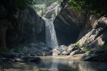A stunning waterfall flows into a tranquil pool, framed by rocks and vibrant foliage under soft sunlight.の写真素材