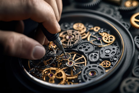 A skilled artisan meticulously repairs a detailed watch movement, focusing on small mechanical parts amidst tools.の写真素材