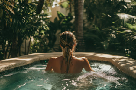A person enjoying a soothing soak in a spa, embraced by tropical plants and natural beauty.の写真素材