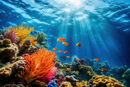 Bright sunlight filters through the water, illuminating a lively coral reef full of various fish and corals.の写真素材