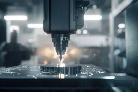 A CNC machine meticulously carves a metalwork piece in a dimly lit workshop, showing advanced technology.の写真素材
