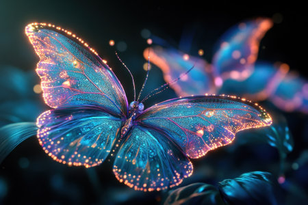 Colorful butterflies with luminous patterns flutter amidst dark green foliage in a nighttime garden.の写真素材