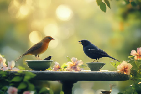 Two vibrant birds interact at a garden birdbath surrounded by blooming flowers under soft sunset light.の写真素材
