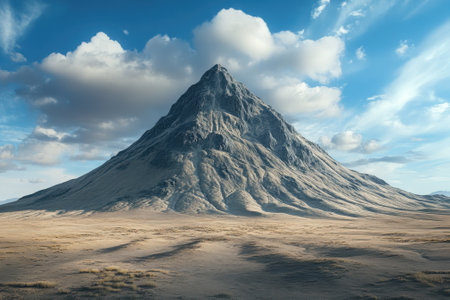A towering mountain stands prominently in a vast, dry area, surrounded by gentle clouds in the sky.の写真素材