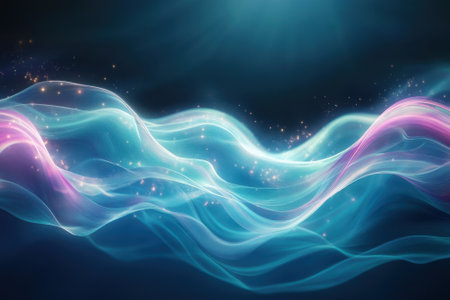 Soft pastel waves blend harmoniously, illuminated by delicate sparkles, creating an ethereal atmosphere.の写真素材