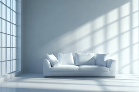 A spacious living room features a white sofa bathed in sunlight, casting soft shadows on the floor.の写真素材