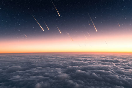 A breathtaking meteor shower takes place above fluffy clouds during twilight, creating a mesmerizing spectacle.の写真素材