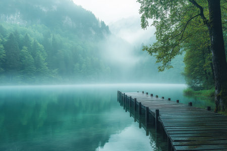Tranquil lake surrounded by mountains and forests, shrouded in mist during a calm morning at dawn.の写真素材