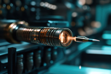 A detailed view of a laser engraving tool illuminating its intricacies while positioned in a high-tech workshop.の写真素材