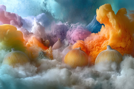 Swirling clouds in various colors surround textured spherical shapes, creating a dreamlike atmosphere.の写真素材