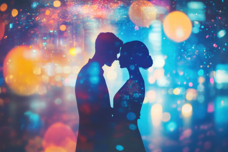Silhouettes of a couple sharing a tender moment in a vibrant city, illuminated by soft bokeh lights.の写真素材