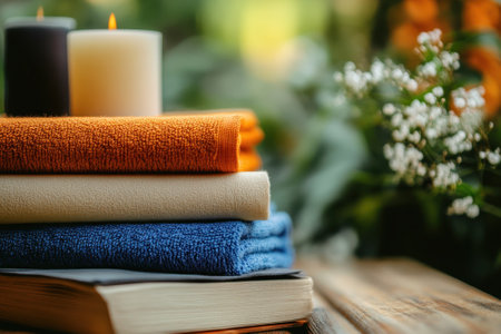 Soft towels stacked neatly with lit candles in a tranquil outdoor environment, surrounded by lush plants.の写真素材