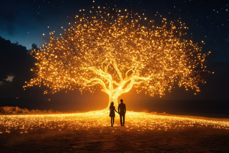 A couple stands hand in hand, mesmerized by a large, illuminated tree while surrounded by a serene evening atmosphere.の写真素材