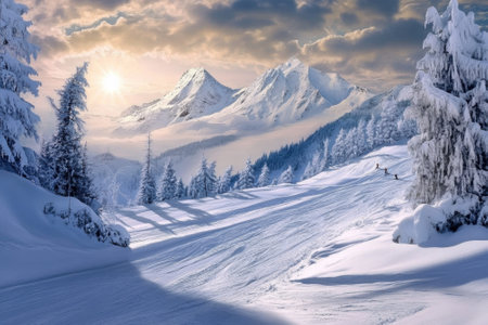 Snow blankets the slopes as skiers navigate the scenic terrain under a bright sun and cloudy sky.の写真素材