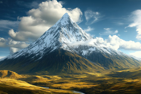 A majestic mountain with a snow-capped peak rises above lush green valleys bathed in sunlight.の写真素材
