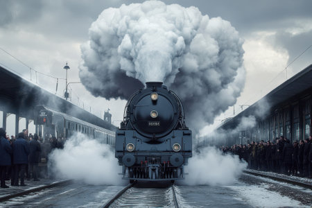 A powerful steam train emerges from the mist, drawing the attention of onlookers at a railway station.の写真素材