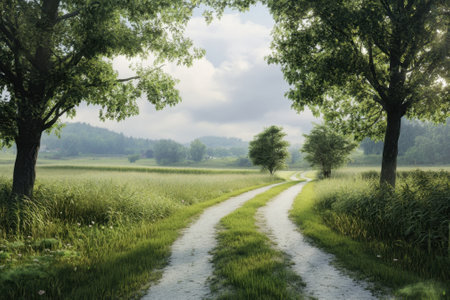 A peaceful dirt path meanders between trees, inviting exploration in a serene rural landscape.の写真素材
