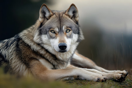 A beautiful wolf lies calmly on the ground, surrounded by soft grass and fading morning light in nature.の写真素材