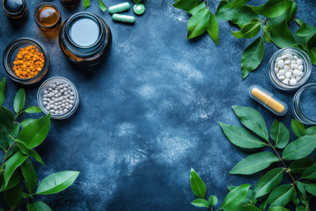 Various herbal supplements and remedies are artistically displayed with fresh green leaves around them.の写真素材