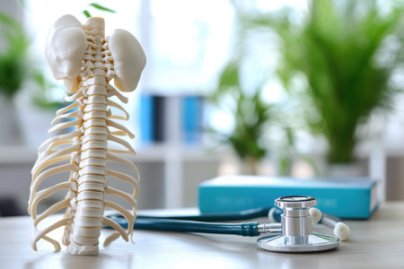 A detailed spine model stands next to a stethoscope, set in a bright medical workspace filled with greenery.の写真素材