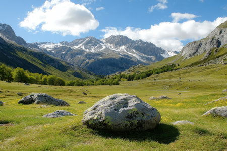 A wide valley surrounded by towering mountains features lush greenery and a prominent rock in the foreground.の写真素材