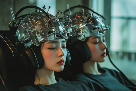 Two individuals wear advanced headgear in a tranquil setting, engaging in an immersive experience.の写真素材