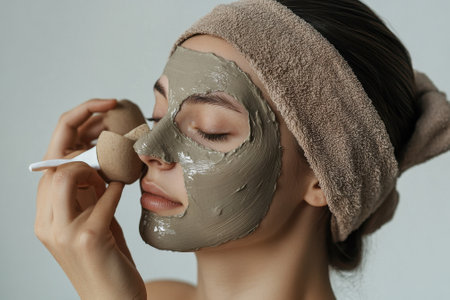 A woman enjoys a skincare routine by applying a green clay mask, focusing on relaxation and self-care.の写真素材