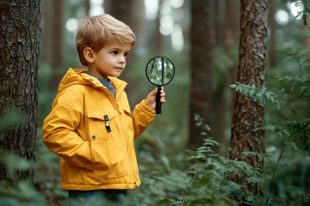Young boy in a yellow jacket investigates the forest with a magnifying glass, surrounded by trees and ferns.の写真素材